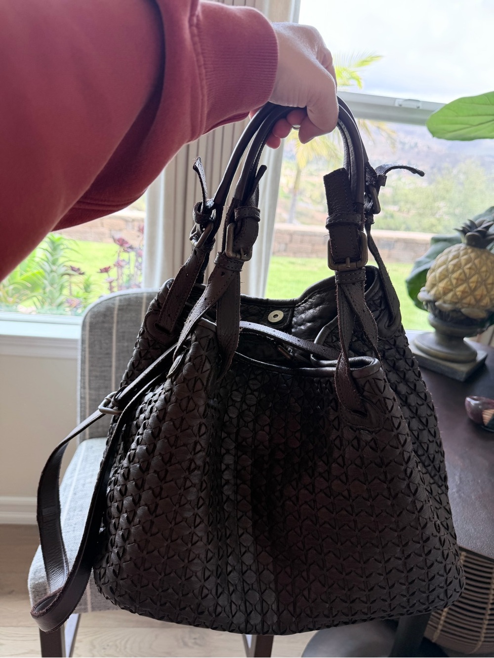 Valentina Dark Brown Woven Leather Crossbody Bag